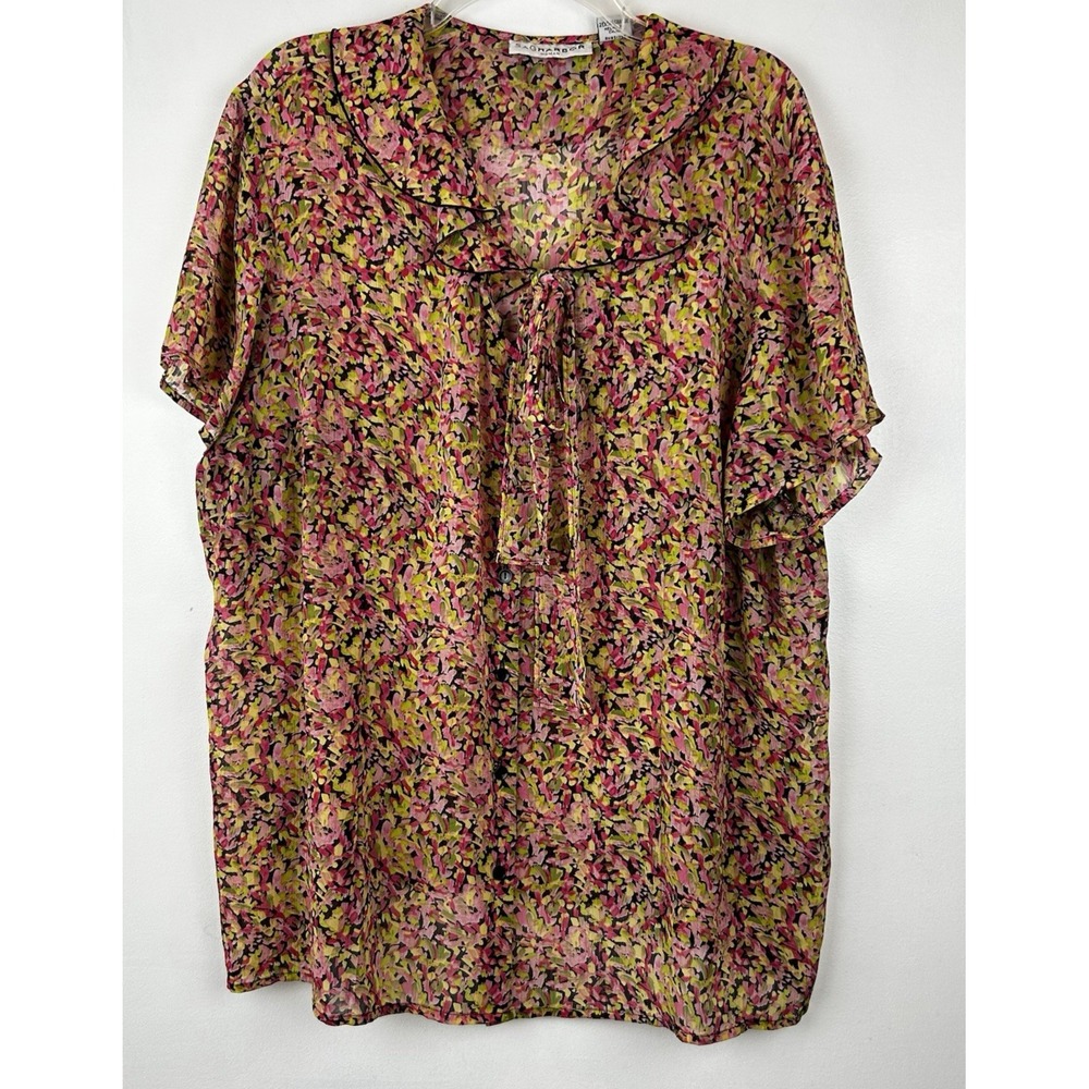 Sag Harbor Top Womens 2X Floral Semi Sheer Romantic Blouse Bow Flowy Secretary